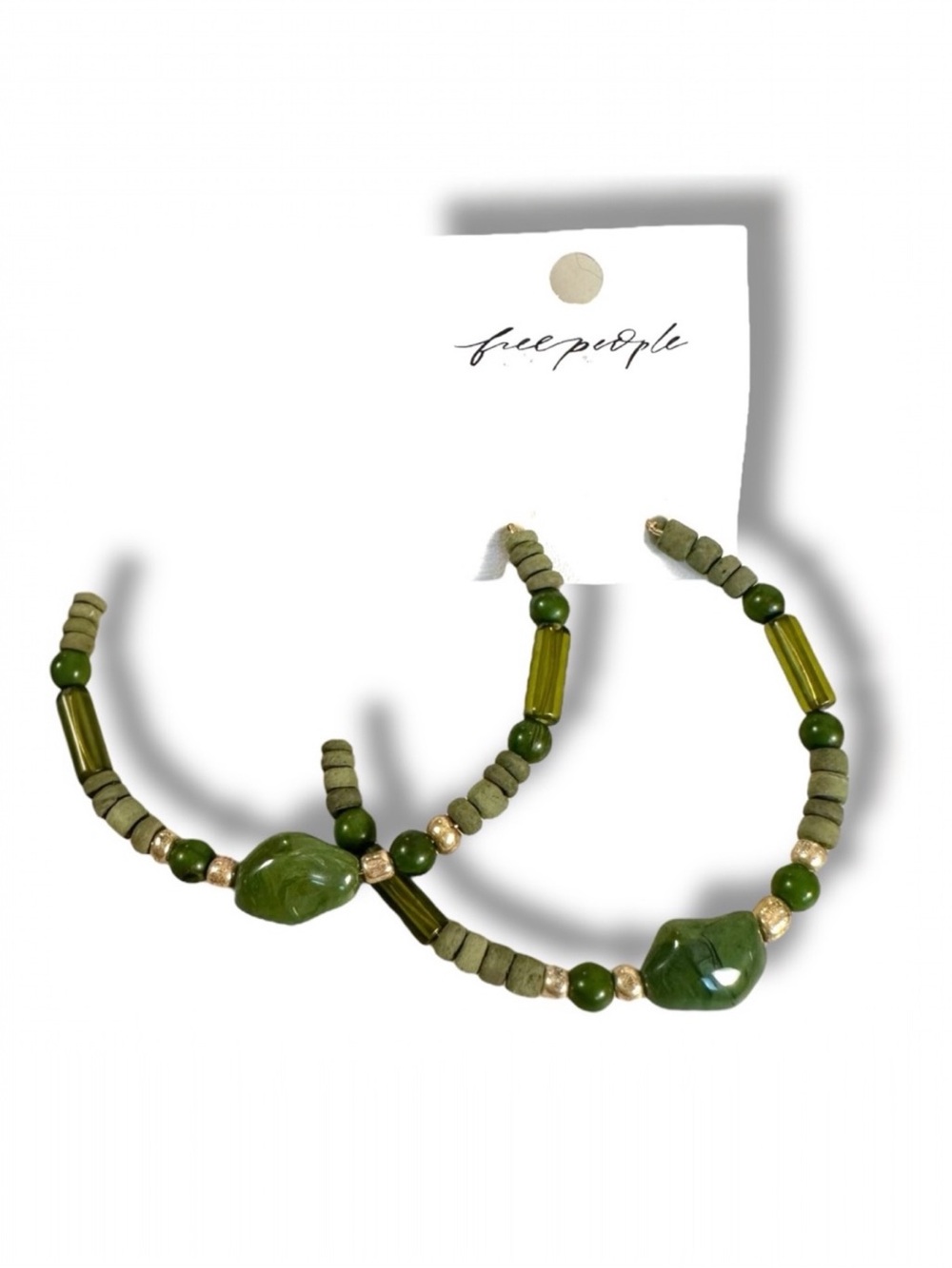 Free People Bom Bom Island Beaded Bohemian Half Hoops in Green NWT Beach